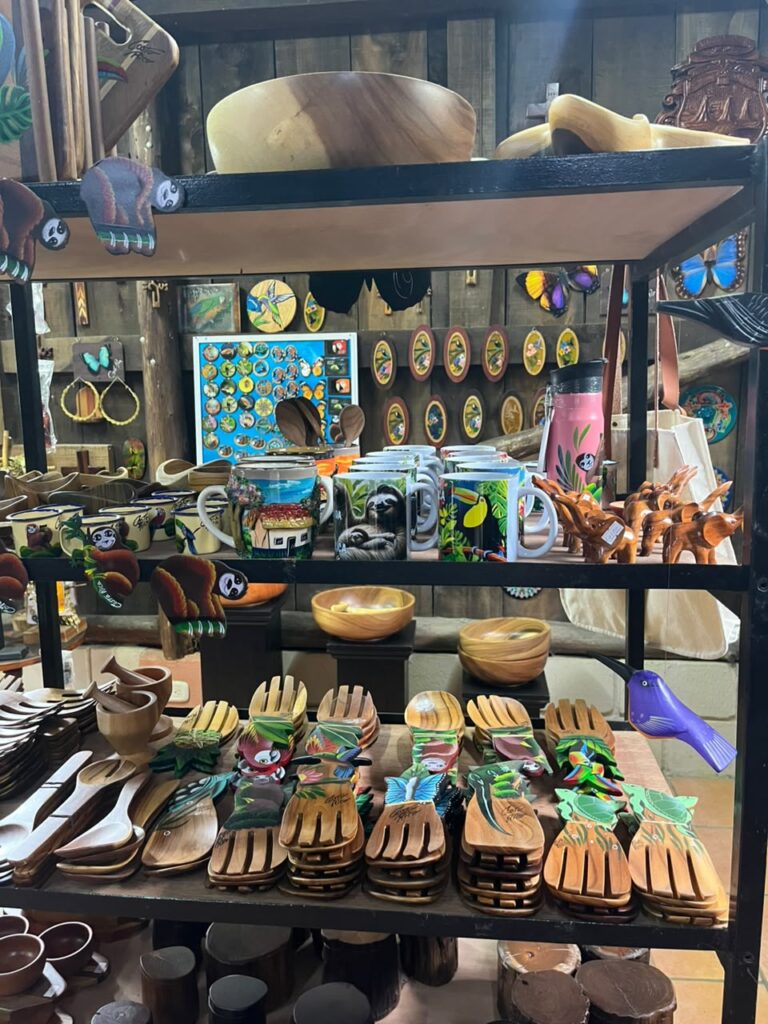 Hand-painted wooden crafts and souvenirs on display at Souvenir Marín in Sarchí